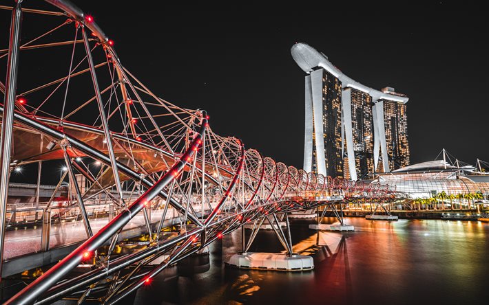 Singapur, Helix Bridge, Marina Bay Sands, el puente peatonal de la noche, lugar de inter&#233;s, paisaje urbano de Singapur, Asia
