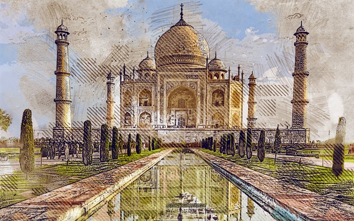 Taj Mahal, Agra, Uttar Pradesh, India, grunge, arte, creativo, dipinto Taj Mahal, il disegno, il Taj Mahal, arte digitale