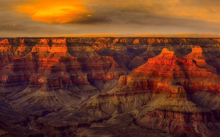 Grand Canyon National Park, evening, rocks, sunset, red rocks, mountain landscape, Colorado River, Arizona, USA, Grand Canyon, panorama
