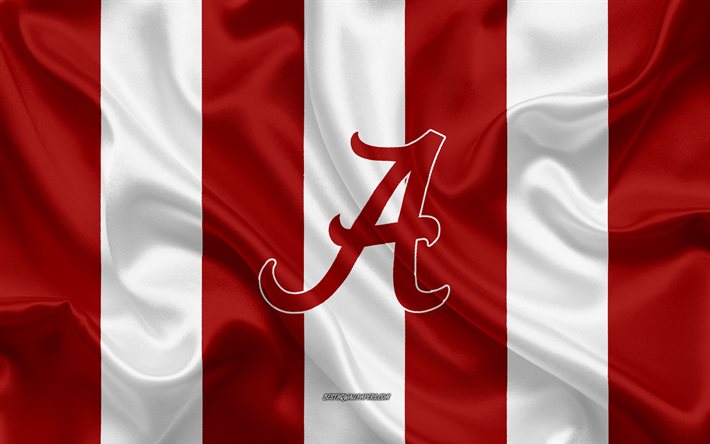 Alabama Crimson Tide, Amerikansk fotboll, emblem, silk flag, r&#246;tt och vitt siden konsistens, NCAA, Alabama Crimson Tide logotyp, Tuscaloosa, Alabama, USA