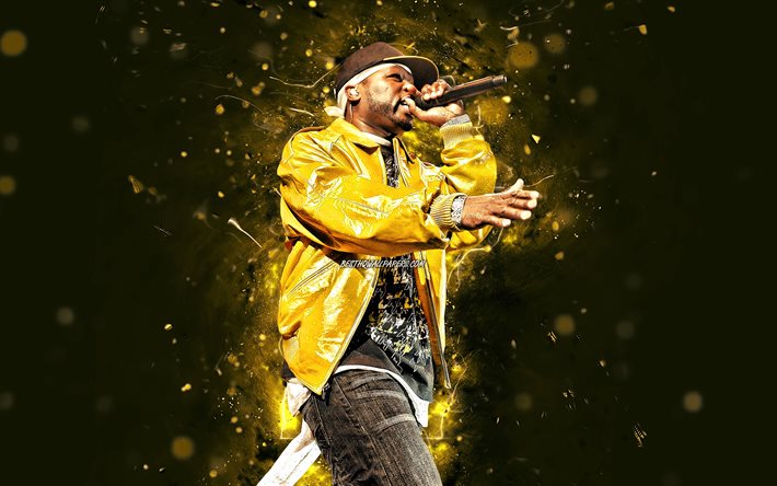 50 Cent, 2020, 4k, o rapper americano, estrelas da m&#250;sica, amarelo luzes de neon, Curtis Jackson, 50 Cent com microfone, celebridade americana, f&#227; de arte, criativo, 50 Cent 4K