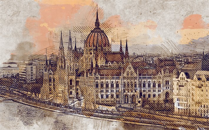 Unkarin Parlamentti Rakennuksesta, Budapest, Tonava-Joki, Unkari, grunge art, creative art, maalattu unkarin Parlamentti Rakennuksesta, piirustus, Budapest grunge, digitaalista taidetta, maalattu Budapest, Budapest grunge kaupunkikuvaan