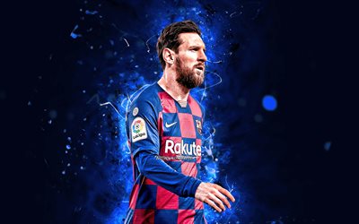 4k, Lionel Messi, 2020, Barcelona FC, close-up, La Liga, argentinian footballers, FCB, football stars, Messi, Leo Messi, blue neon lights, Barca, soccer, LaLiga, Spain, Lionel Messi 4K