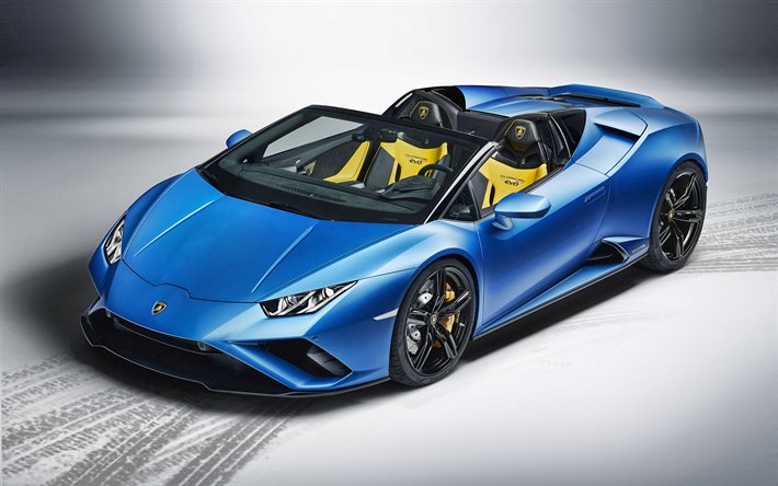 En 2021, la Lamborghini Huracan EVO RWD Spyder, vue de face, &#224; l&#39;ext&#233;rieur, bleu convertible, bleu nouveau Huracan, le r&#233;glage, les Huracan, des voitures de sport italiennes, supercar, Lamborghini