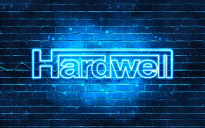 Hardwell blue logo, 4k, music stars, dutch DJs, blue brickwall, Hardwell logo, Robbert van de Corput, Hardwell, superstars, Hardwell neon logo