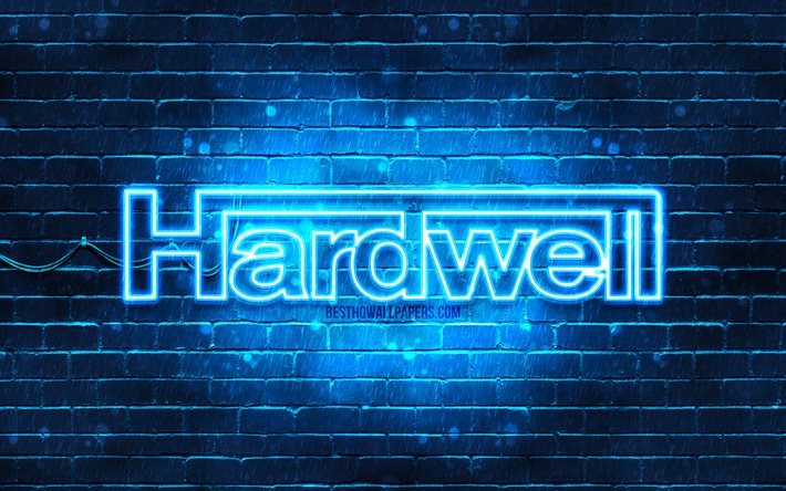 Hardwell logo azul, 4k, estrellas de la m&#250;sica, DJs holandeses, azul brickwall, Hardwell logotipo, Robbert van de Corput, Hardwell, superestrellas, Hardwell ne&#243;n logotipo