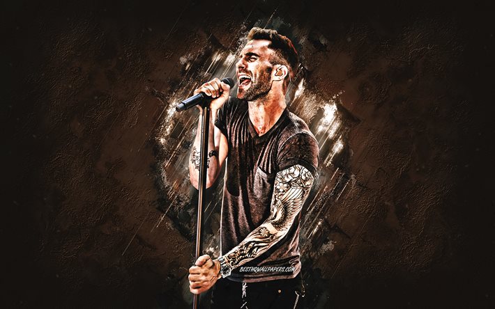 Adam Levine, cantora norte-americana, Maroon 5, brown stone fundo, retrato, arte criativa, estrelas americanas