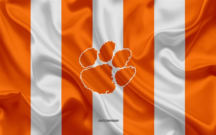 Clemson Tigers, American football team, emblem, silk flag, orange-white silk texture, NCAA, Clemson Tigers logo, Clemson, South Carolina, USA, American football, Clemson University