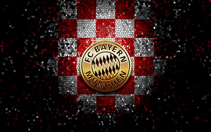 BayernミュンヘンFC, キラキラのロゴ, ブンデスリーガ, 赤白の縞の背景, サッカー, Bayernミュンヘン, ドイツサッカークラブ, Bayernミュンヘンのロゴ, モザイクart, ドイツ, FC Bayern