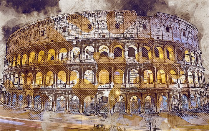 Colosseum, Rome, Italy, grunge art, creative art, painted Colosseum, drawing, Colosseum grunge, digital art, Rome grunge, landmark, painted Rome