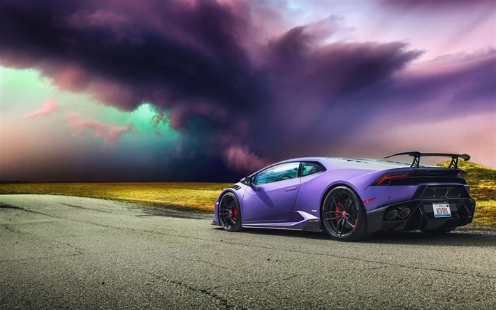 storm, Lamborghini Huracan, road, supercars, lila Huracan, Lamborghini
