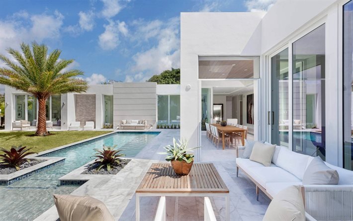 Beautiful backyard design, white exterior, swimming pool, modern design