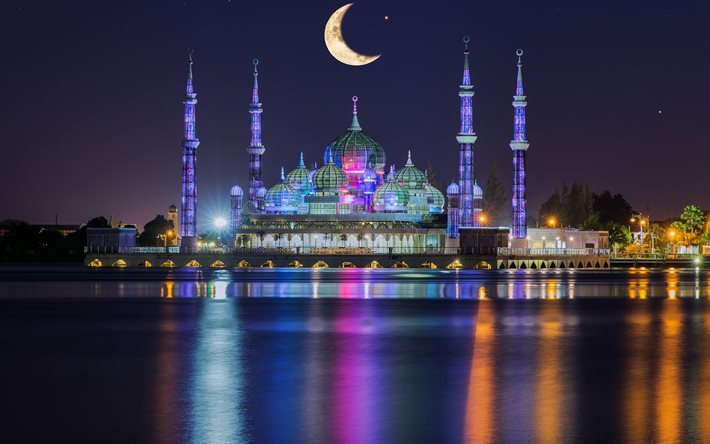 Kristal Camii, gece, Kuala Terengganu, Malezya