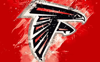 Atlanta Falcons, 4k, logo, grunge art, Amerikkalainen jalkapallo joukkue, tunnus, punainen tausta, paint taidetta, NFL, Atlanta, USA, National Football League, creative art