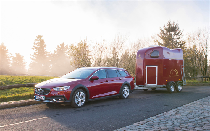 Opel Insignia Country Tourer, 2018, station wagon, nuovo stemma di colore rosso, auto con rimorchio, rimorchio per cavalli, auto tedesche, Opel