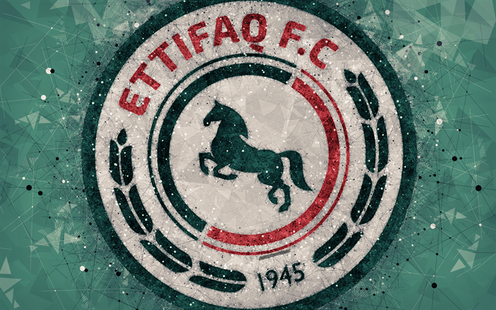 Al-Ettifaq FC, 4k, Suudi Futbol Kul&#252;b&#252;, yaratıcı logo, geometrik sanat, amblem, Suudi Arabistan futbol, Suudi Arabistan Profesyonel Ligi, Al-Ettifaq, yeşil soyut arka plan, FC Al-Ettifaq