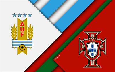 Uruguay vs Portugal, 4k, logotyp, material och design, FOTBOLLS-Vm 2018, Ryssland 2018, 30 juni, 2018, emblem, fotbollsmatch, nationella fotbollslag