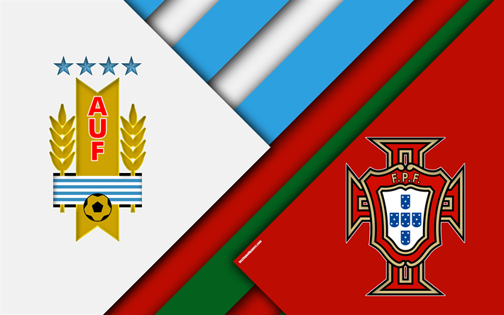 uruguay vs portugal, 4k, logo, material, design, 2018 fifa world cup russia 2018, 30 juni 2018, embleme, fu&#223;ball-l&#228;nderspiel, fu&#223;ball-teams