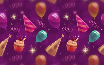Happy birthday, purple background, art, multicolored balls, festive background, birthday greeting card