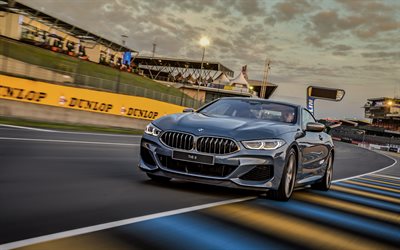BMW 8-Series, 2018, G15, racing track, exterior, light gray M8, front view, sports coupe, M850i xDrive, BMW