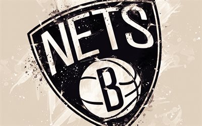 Brooklyn Nets, 4k, grunge art, logo, american basketball club, white grunge background, paint splashes, NBA, emblem, Brooklyn, New York, USA, basketball, Eastern Conference, National Basketball Association