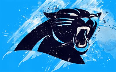 Carolina Panthers, 4k, logo, grunge sanat, Amerikan futbol takımı, amblemi, mavi arka plan, boya, sanat, NFL, Charlotte, North Carolina, ABD Ulusal Futbol Ligi, yaratıcı sanat