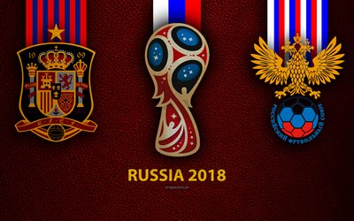 Espanha vs R&#250;ssia, 4k, textura de couro, logo, Copa do Mundo da FIFA de 2018, A r&#250;ssia 2018, Julho 1, partida de futebol, arte criativa, equipes de futebol