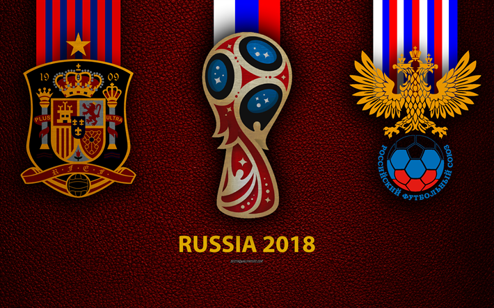 Spanien vs Ryssland, 4k, l&#228;der konsistens, logotyp, FOTBOLLS-Vm 2018, Ryssland 2018, Juli 1, fotbollsmatch, kreativ konst, nationella fotbollslag