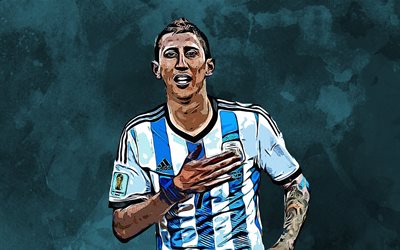 Angel Di Maria, 4k, grunge arte, Jogador de futebol argentino, pintura de arte criativa, Argentina equipa nacional de futebol, azul grunge de fundo