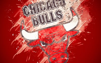 Chicago Bulls, 4k, grunge sanat, logo, Amerikan basketbol kul&#252;b&#252;, kırmızı grunge arka plan boya sı&#231;raması, NBA, amblem, Chicago, Illinois, ABD, basketbol, Doğu Konferansı, Ulusal Basketbol Birliği