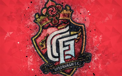 Gyeongnam FC, 4k, logo, geometric art, emblem, red abstract background, South Korean professional football club, K League 1, Gyeongsangnam, South Korea, football, creative art