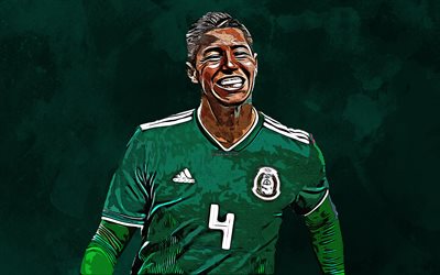 Hugo Ayala, 4k, grunge, arte, disegno, Messicano, giocatore di football, calcio, Messico, nazionale di calcio, verde, sfondo, arte creativa
