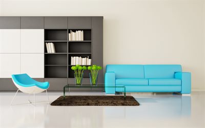 modern living room interior, minimalism, blue stylish sofa, round armchair, modern interior design