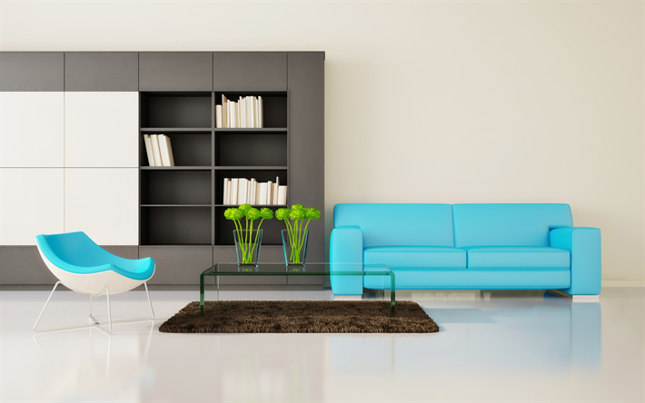moderni olohuone sisustus, minimalismi, sininen tyylik&#228;s sohva, py&#246;re&#228; nojatuoli, moderni sisustus
