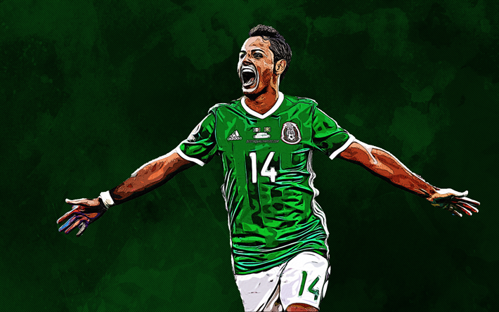 Chicharito Javier Hernandez, 4k, grunge, sanat, &#231;izim, Meksikalı futbolcu, yaratıcı boyama sanatı, Meksika Milli Futbol Takımı, yeşil grunge arka plan