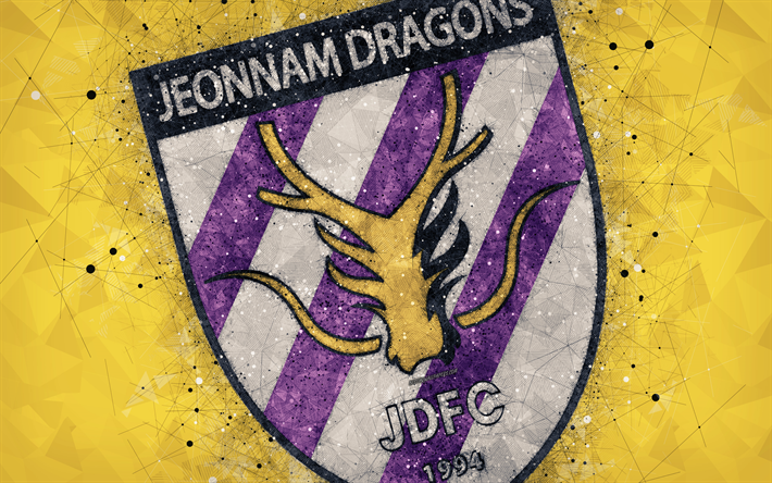 Jeonnam Dragons FC, 4k, logo, geometric art, emblem, yellow abstract background, South Korean professional football club, K League 1, Kwangyang, South Korea, football, creative art
