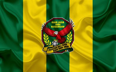 Kedah United FC, 4k, logo, silk texture, Malaysian football club, green yellow silk flag, Malaysia Super League, Alor Setar, Kedah, Malaysia, football, FAM League