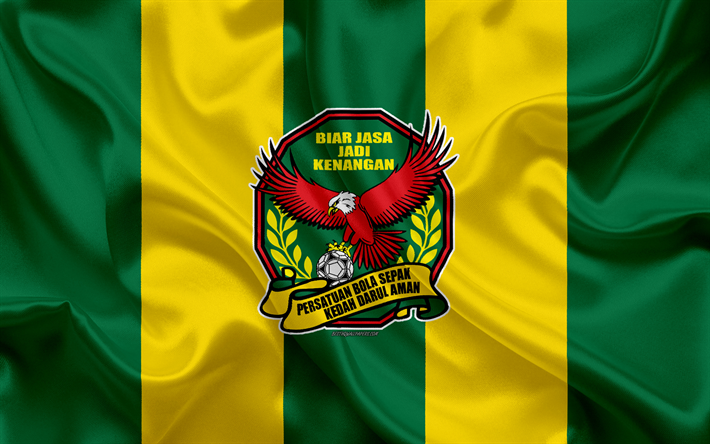 Kedah United FC, 4k, logo, seta, texture, Malese football club, verde, giallo seta bandiera, Malesia Super League, Alor Setar, Kedah, Malaysia, calcio, FAM League
