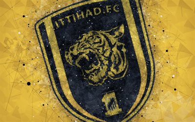 Al-Ittihad FC, 4k, Saudi Football Club, creative logo, geometric art, emblem, Saudi Arabia, football, Saudi Professional League, Al-Ittihad, yellow abstract background, FC Al-Ittihad
