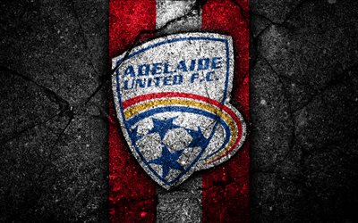 4k, Adelaide United FC, grunge, soccer, A-League, football club, Australia, black stone, Adelaide United, logo, asphalt texture, FC Adelaide United
