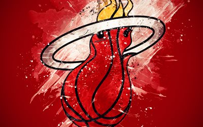 Miami Heat, 4k, grunge arte, logo, americano de basquete clube, vermelho grunge de fundo, pingos de tinta, NBA, emblema, Miami, Fl&#243;rida, EUA, basquete, Confer&#234;ncia Leste, Associa&#231;&#227;o Nacional De Basquete