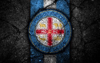 4k, Melbourne City FC, grunge, soccer, A-League, football club, Australia, black stone, Melbourne City, logo, asphalt texture, FC Melbourne City