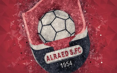 Al-Raed FC, 4k, Saudi Football Club, creative logo, geometric art, emblem, Saudi Arabia, football, Saudi Professional League, Al-Raed, red abstract background, FC Al-Raed