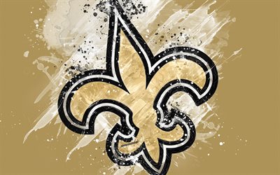 Les New Orleans Saints, 4k, logo, grunge de l&#39;art, de l&#39;&#233;quipe de football Am&#233;ricain, embl&#232;me, fond brun, peinture d&#39;art, de la NFL, de la Nouvelle-Orl&#233;ans, &#233;tats-unis, la Ligue Nationale de Football, art cr&#233;atif