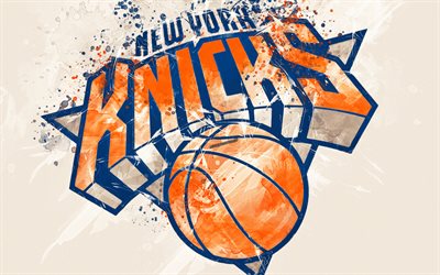 New York Knicks, 4k, grunge konst, logotyp, amerikansk basket club, orange grunge bakgrund, f&#228;rg st&#228;nk, NBA, emblem, New York, USA, basket, Eastern Conference, National Basketball Association
