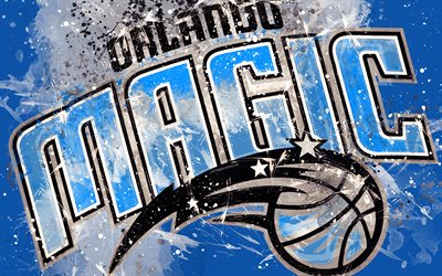 Orlando Magic, 4k, grunge arte, logo, americano de basquete clube, azul grunge de fundo, pingos de tinta, NBA, emblema, Orlando, Fl&#243;rida, EUA, basquete, Confer&#234;ncia Leste, Associa&#231;&#227;o Nacional De Basquete