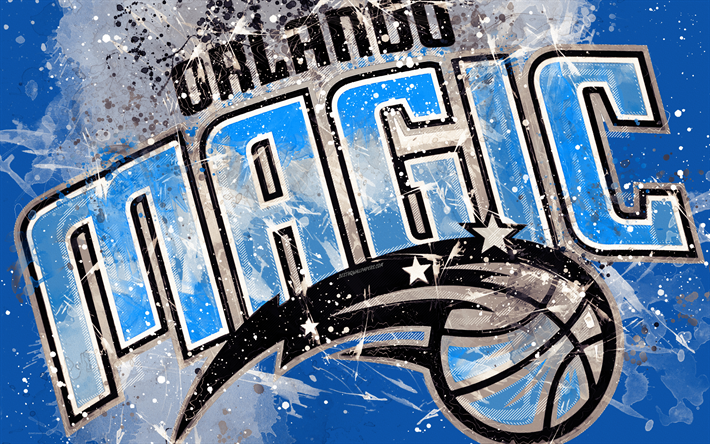 Orlando Magic, 4k, grunge art, logo, american basketball club, blue grunge background, paint splashes, NBA, emblem, Orlando, Florida, USA, basketball, Eastern Conference, National Basketball Association