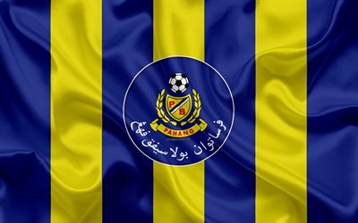 pahang fa, 4k, logo, seide textur, malaysischer fu&#223;ball-club gelb-blau seide flagge, malaysia super league, kuantan, pahang, malaysia, fu&#223;ball, fam league