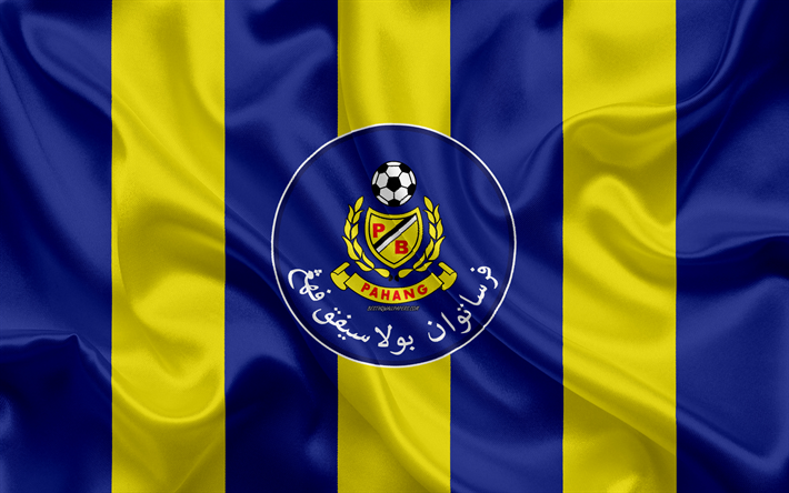 Pahang FA, 4k, logo, ipek doku, Malezya Futbol Kul&#252;b&#252;, Sarı Mavi ipek bayrak, Malezya S&#252;per Lig, Kuantan, Pahang, Malezya, futbol, FAM Ligi