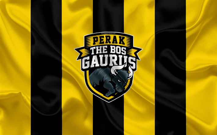 Perak Bos Gaurus FC, 4k, logo, silkki tekstuuri, Malesian football club, keltainen musta silkki lippu, Malesian Super League, Ipoh Kaupunki Kohteessa Ipoh, Malesia, jalkapallo, FAM-Liiga, Perak FC